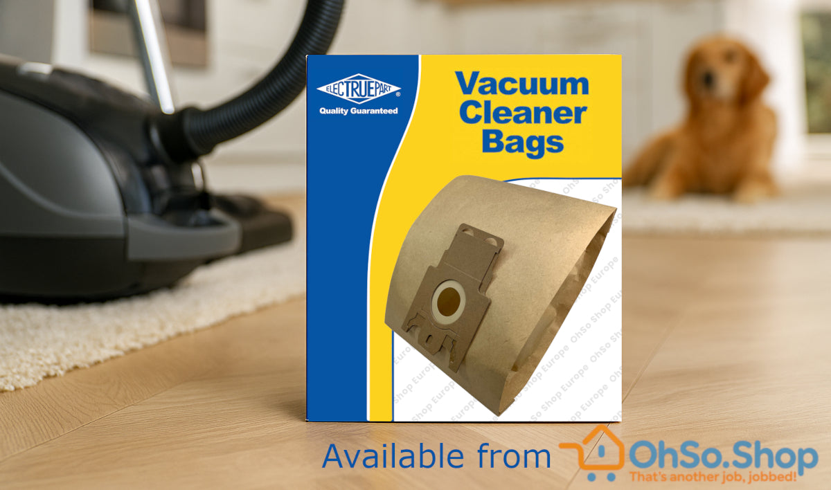 Electruepart vacuum cleaner bags displayed in a modern living room with a vacuum cleaner, available from OhSo.Shop