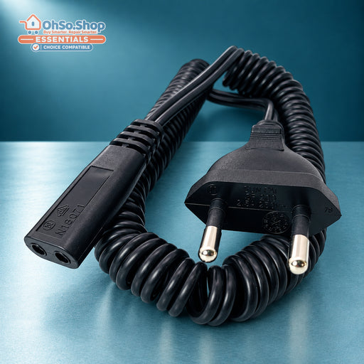 Coiled black 2-pin shaver lead with continental Euro plug and 2-pin shaver connector