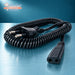 2-pin continental plug and shaver connector ends of a coiled black shaver lead
