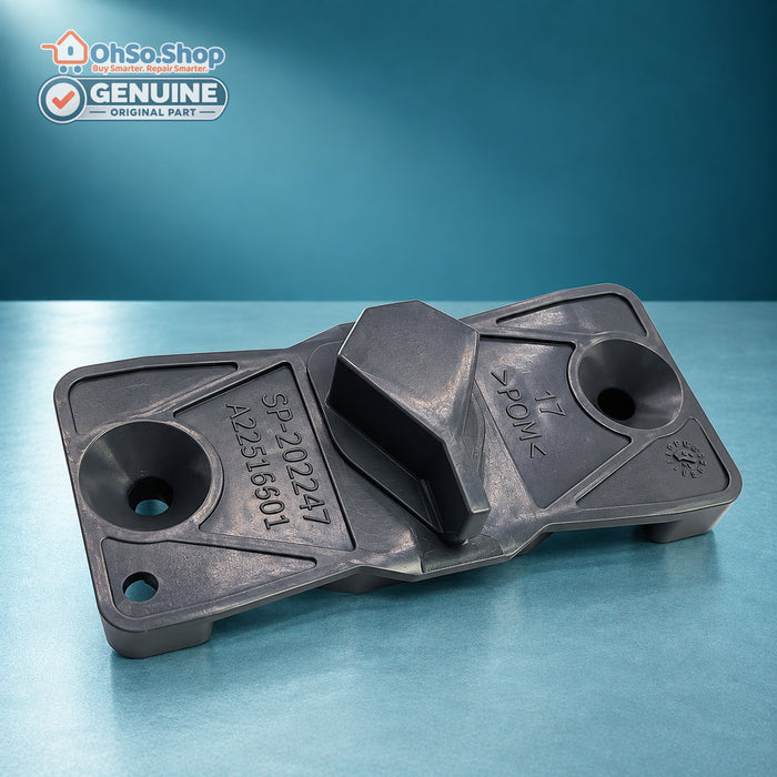Top view of dishwasher door latch 140035300114 showing hook and two fixing holes