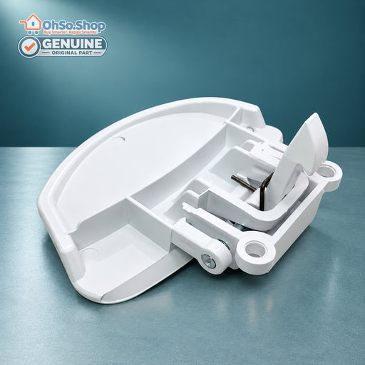 Genuine Fagor white washing machine door handle AS0008102, rear view of the catch mechanism