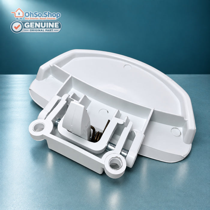 Genuine Fagor white washing machine door handle AS0008102, rear detail of the catch and spring