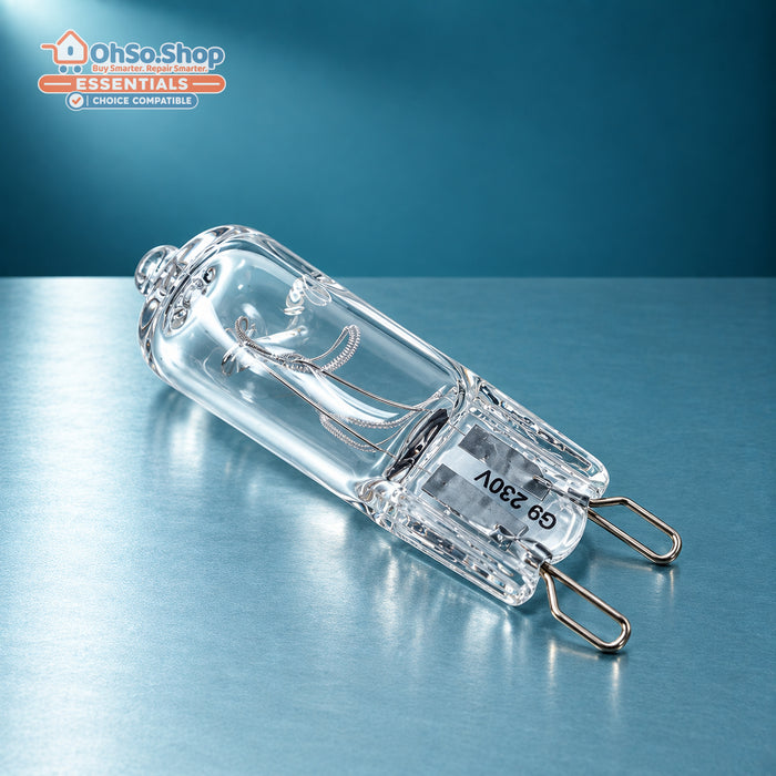 Clear G9 halogen oven lamp bulb, 25W, lying on its side showing the two-pin loop base