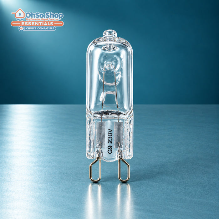 G9 25W clear halogen capsule oven bulb standing upright, marked G9 230V