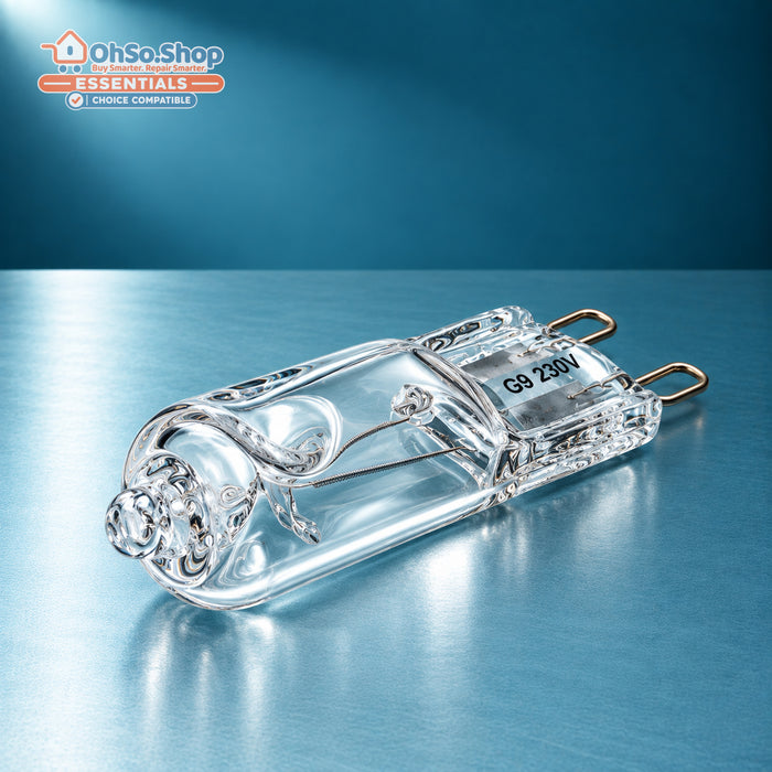 Close view of clear G9 halogen oven light bulb capsule and filament