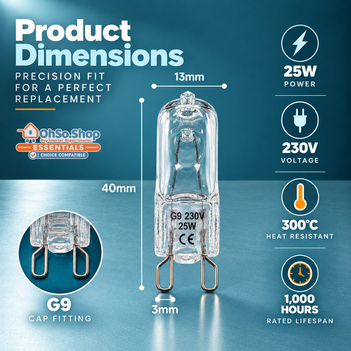 G9 25W oven bulb dimensions: 40mm tall, 13mm wide, 230V, heat resistant to 300C