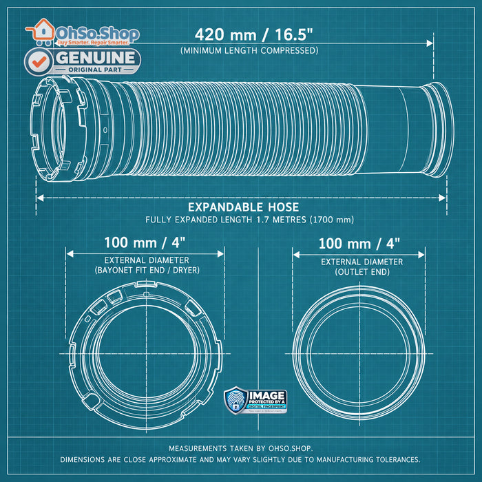Dimensions diagram of genuine Bush Logik tumble dryer vent hose 12138200000431