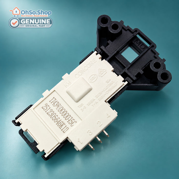 Midea 17438100000456 washing machine door lock showing the rear label