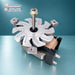 Angled view of genuine Vestel fan oven motor 32013533 showing spindle, coil and electrical terminals