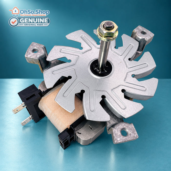 Front view of genuine Vestel fan oven motor 32013533 showing mounting plate and spindle