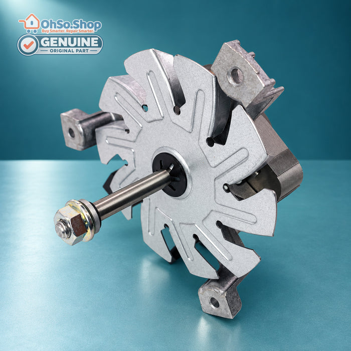 Shaft detail of genuine Vestel fan oven motor 32013533 showing spindle, nut and mounting points