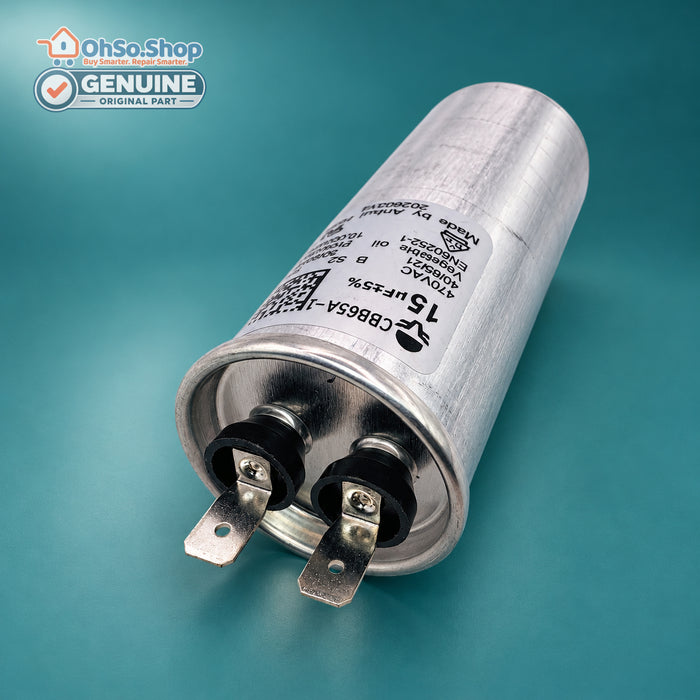 Vestel 32041424 15µF dryer capacitor showing the terminals