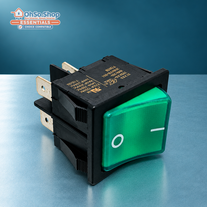 Angled view of the green on off rocker switch for Numatic Henry vacuums