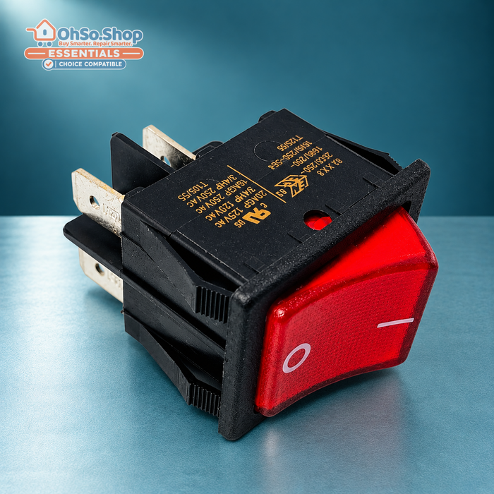 Angled view of the red rocker switch for Numatic Henry vacuum cleaners