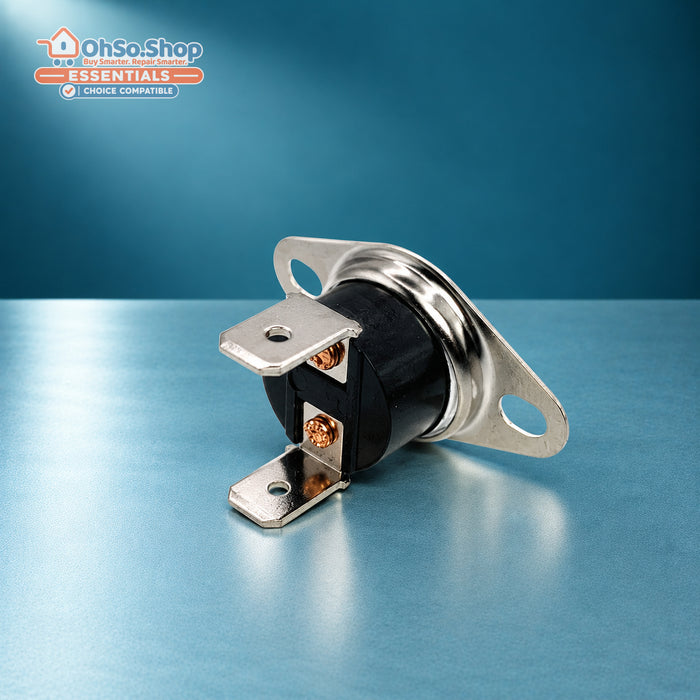 60C tumble dryer exhaust thermostat for White Knight Crosslee, side profile and terminals