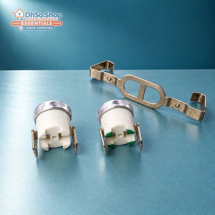 Tumble dryer thermostat pair with mounting bracket for Whirlpool, front view