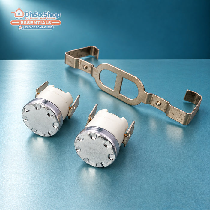 Tumble dryer thermostat pair with mounting bracket for Whirlpool, metal cap view
