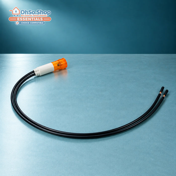 Orange amber 9mm indicator lamp with 220mm wire leads – side view with both leads