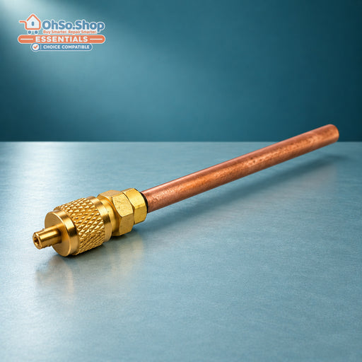 Universal 6mm Schrader access valve for fridge freezer refrigeration - angled valve and copper tube