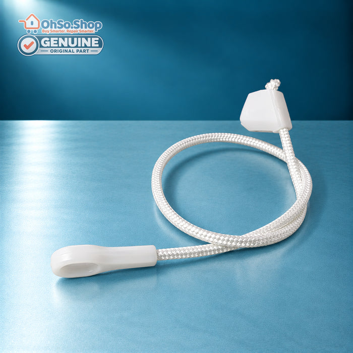 Vestel dishwasher hinge rope 47018037 showing looped eyelet end and white plastic anchor