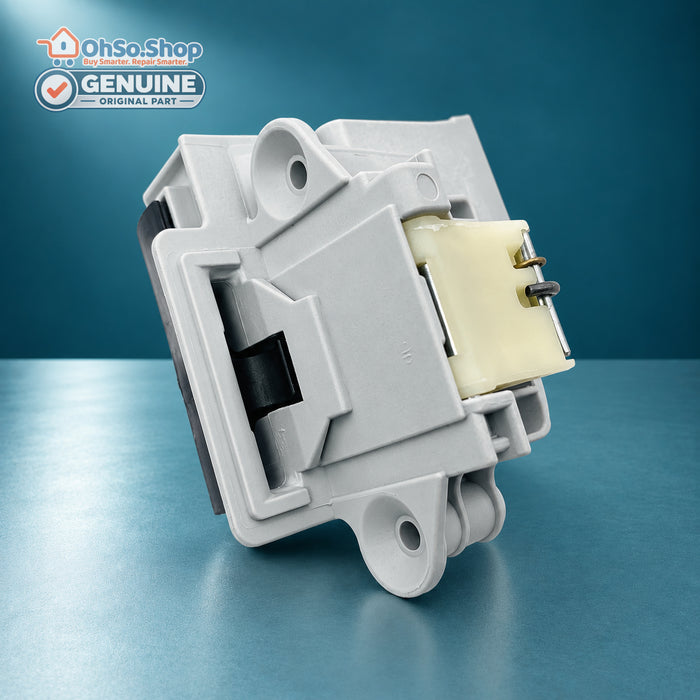 Vestel dishwasher door lock 32037542, side view with mounting lugs and switch block