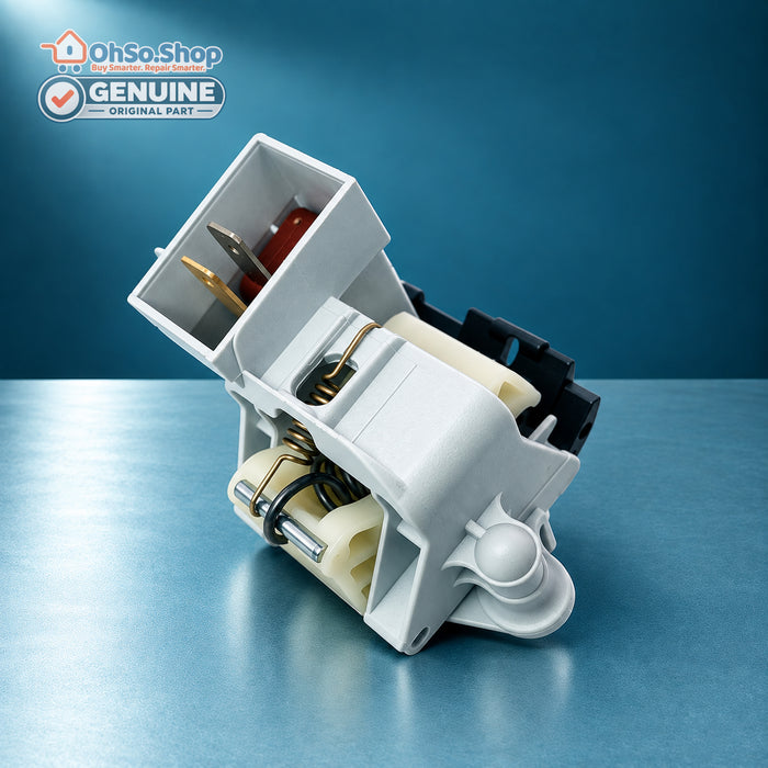 Vestel dishwasher door lock 32037542, rear angle showing terminals and spring mechanism