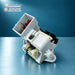 Vestel dishwasher door lock 32037542, rear angle showing terminals and spring mechanism