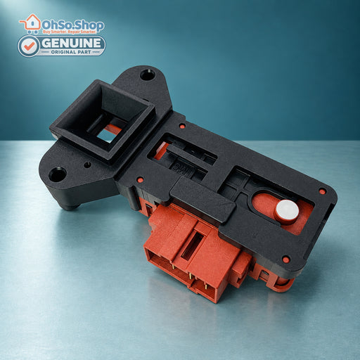 Genuine Vestel washing machine door interlock 32035412 ZV446-M8, angled view with red switch body and door hook slot