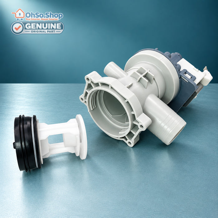 35W washing machine drain pump for Midea and Logik, filter removed beside housing