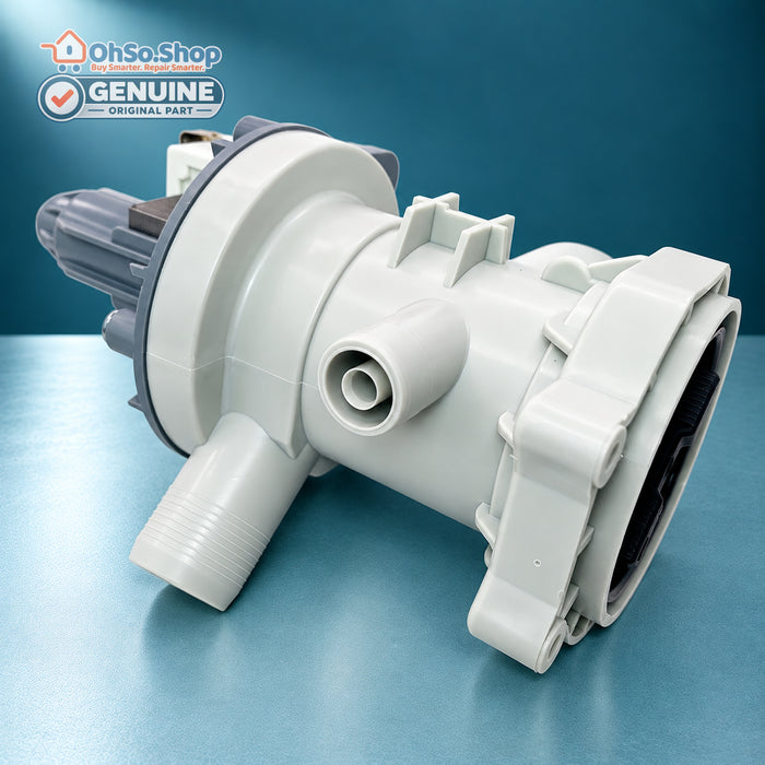 35W washing machine drain pump for Midea and Logik, side view of housing and hose connections