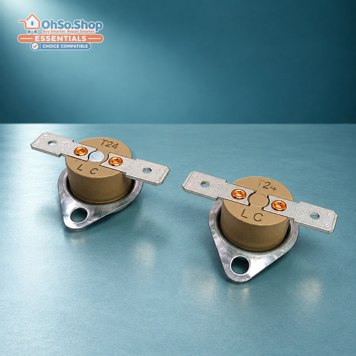 White spot 120°C 140°C thermostat kit for Hotpoint Creda dryers - two cut-outs with terminals visible