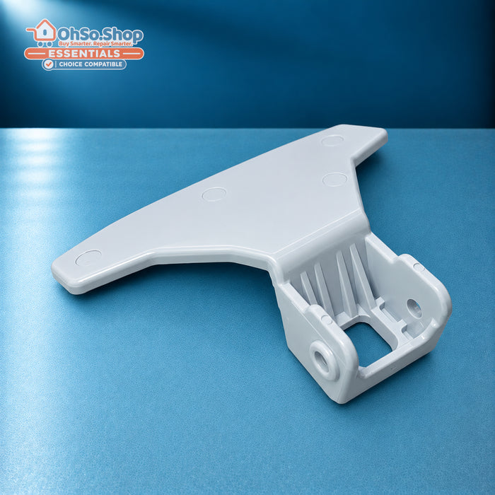 White washing machine door handle for Beko, angled front view of the hinge mount