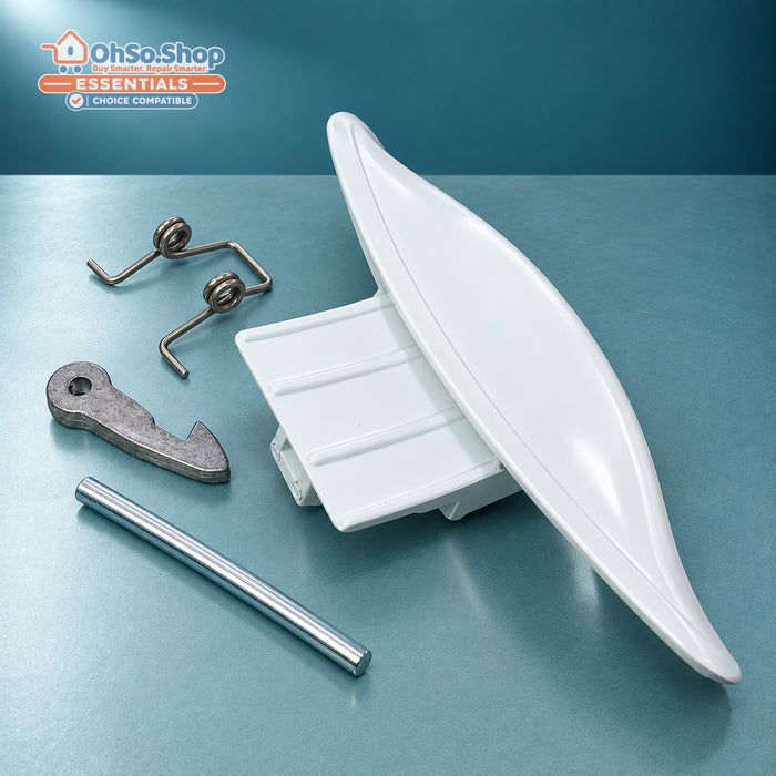 White washing machine door handle kit for Hotpoint, Ariston and Creda, angled view of the kit