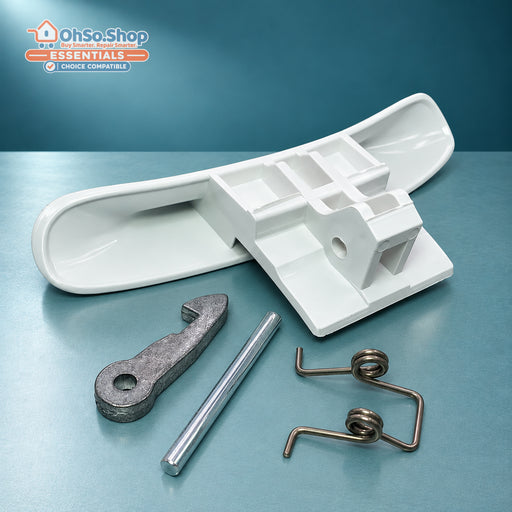 White washing machine door handle kit for Hotpoint, Ariston and Creda, rear view of the handle and parts