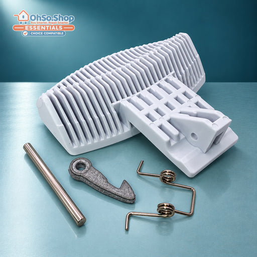 White washing machine door handle kit for Hotpoint and Indesit, rear view of the handle with pin, springs and catch