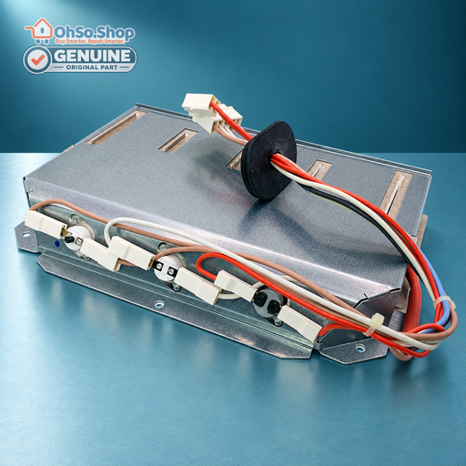 Side view of the Vestel 32043420 dryer heating element showing the thermostats and wiring